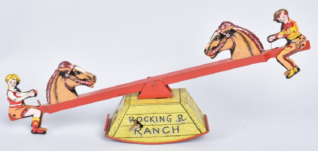 COURTLAND TIN WINDUP ROCKING R RANCH: All original with nice colors. Works. 18" Excellent