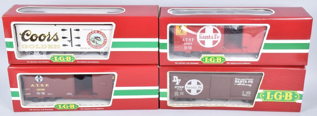 4- LGB BOX CARS MIB: Includes G Scale #45915 Santa Fe, #43720 Coors, #4067 Santa Fe, and #45913 Santa Fe. All Boxed.