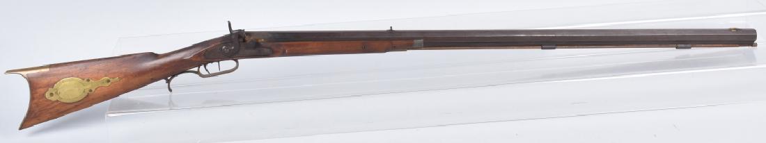 1850's PERCUSSION .34 HALF STOCK RIFLE: 35 1/4" octagon barrel, marked on top flat Enterprise Gunworks. Lock action works well. Stock appears to be maple with pewter cap. Very Good