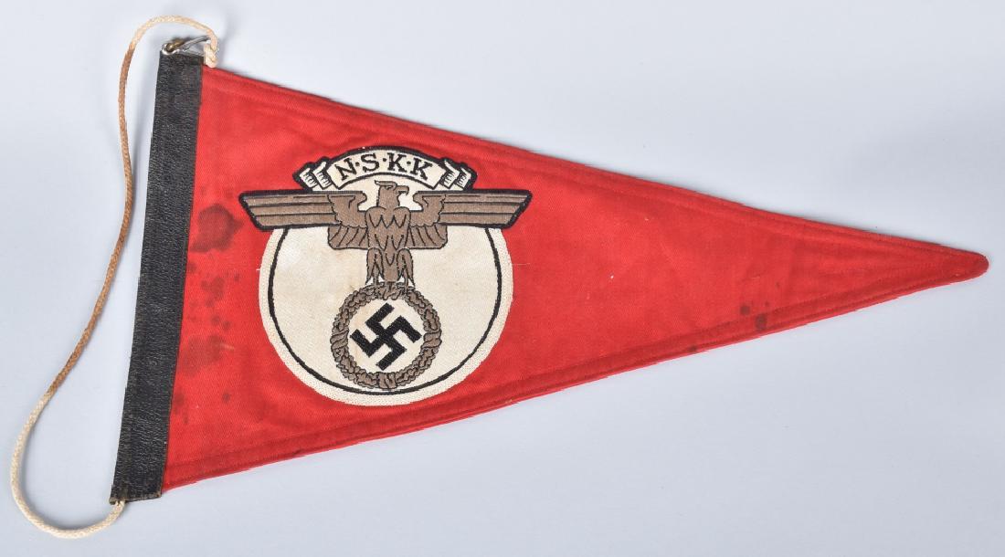 WW2 NAZI GERMAN NSKK CAR PENNANT: 15" by 8", heavy cloth with leather spine, bright colors, some staining. Very Good-Excellent