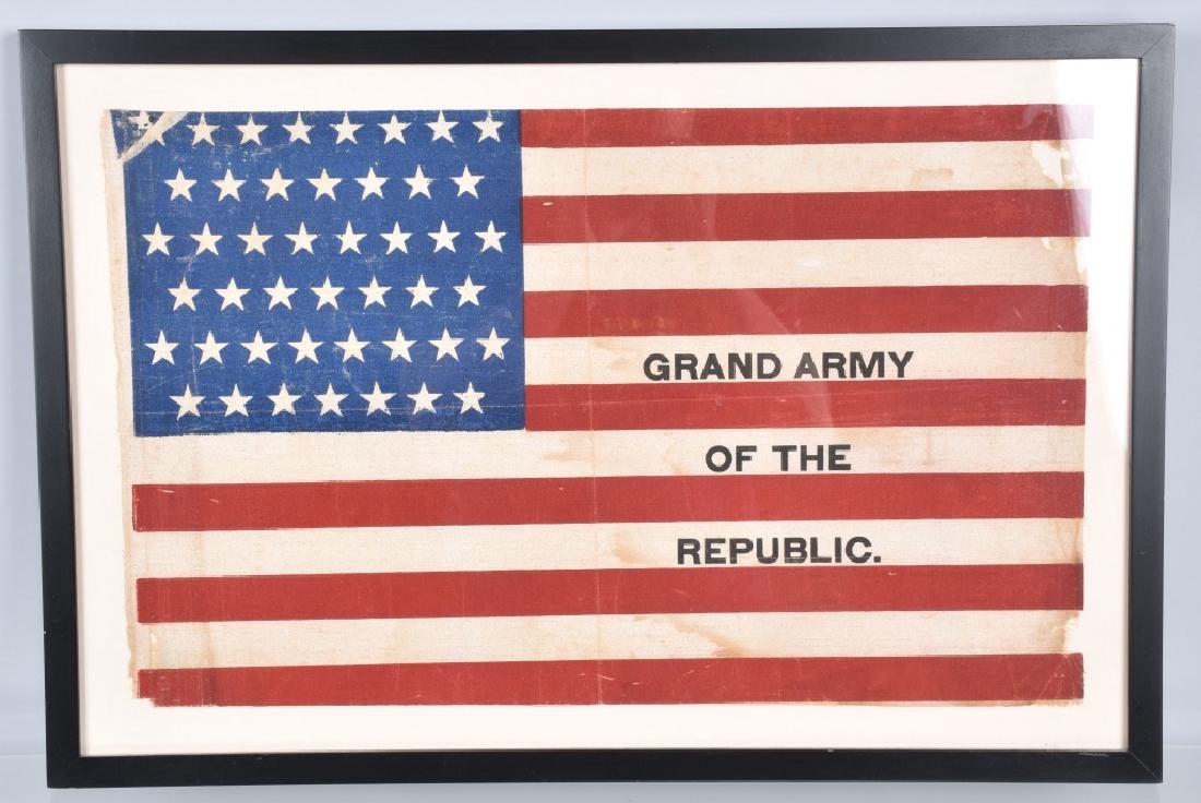45 STAR GRAND ARMY OF THE REPUBLIC FLAG: 1896-1908 45 Star United Stated "Grand Army Of The Republic" Flag. Great colors with light edge wear. 22"x14" Comes framed.