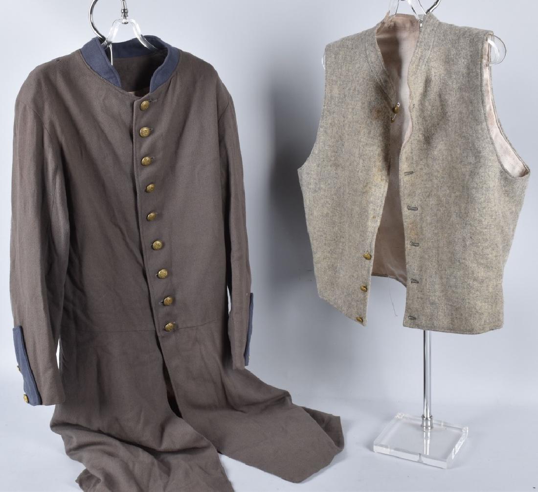 CONFEDERATE UCV or EARLY RE-ENACTOR TUNIC & VEST: Tunic is about a medium and has brass South Carolina buttons. The cuff buttons have a late Waterbury Conn. back mark, and the coat buttons are brass back and do not have a back mark. Inside adjustment