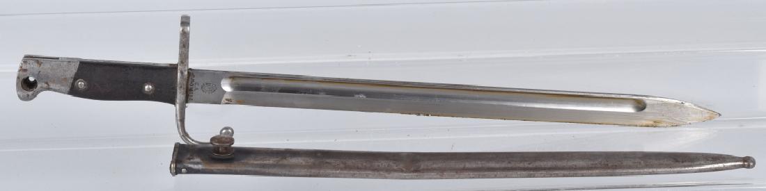 ARGENTINE M1909 MAUSER BAYONET & SCABBARD: 20 1/2" overall, excellent bright blade with crispa markings, wood grip, scabbard is dented and fits tight on blade. Very Good-Excellent