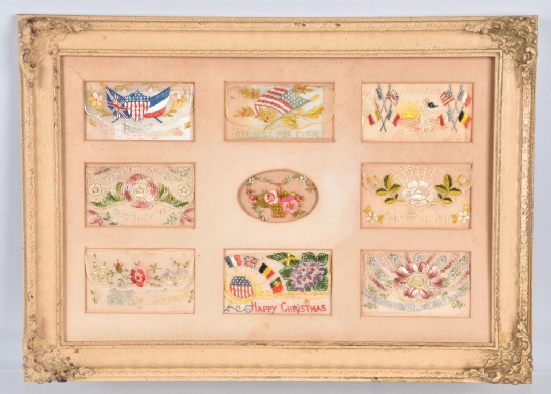 WW1 FRENCH MADE US SOLDIER EMBROIDERED SILK FRAME: WW1 French made U.S. Soldier framed souvenir embroidered silk with patriotic motifs. In original frame. Backing has never been removed.