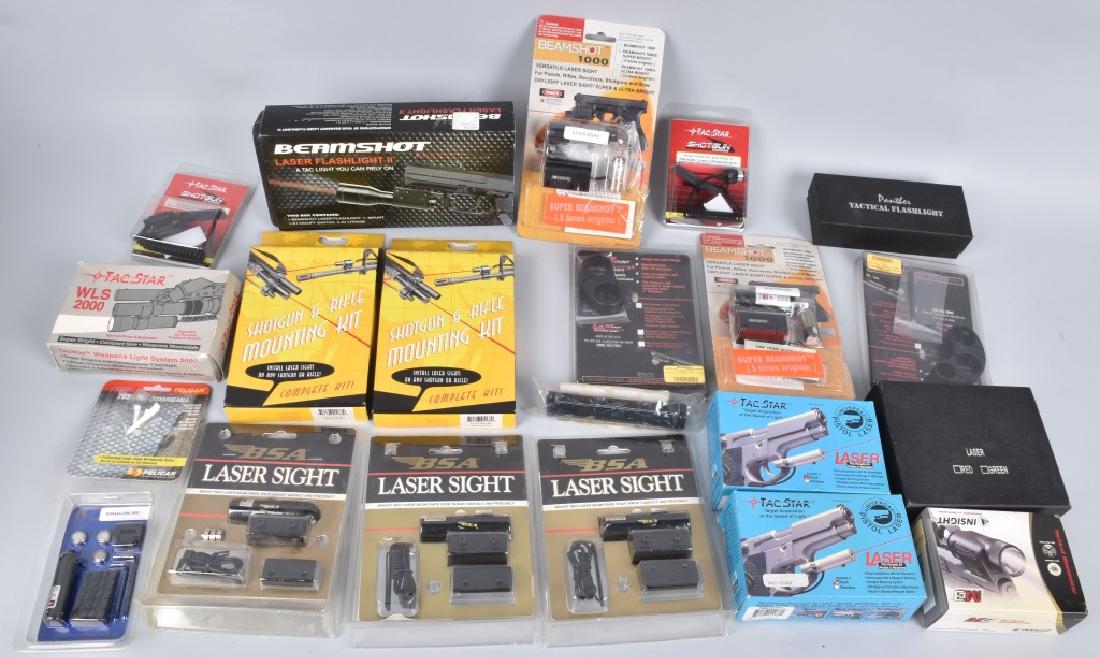 LASER SIGHT & WEAPONS LIGHT LOT: The lot includes 3 BSA laser sights, 2 tach star lazer sights, 3 beam shot lazer sights, 2 tach star pistol lazers, Aim sports lazer sight, NC Star lazer sight, 2 flashlight, 1 pelican extra bulb, 2 s