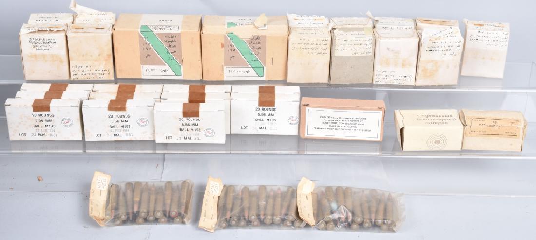 AMMUNITION LOT 625 + rounds. 5.56mm, and MORE: Lot includes 195 - Arabic, 220 -5.56mm, 20 7.62 X 39mm, 60-7mm Mauser, 100 - Arabic with wood bullets, and 50 7.62 Nag. Very Good-Excellent