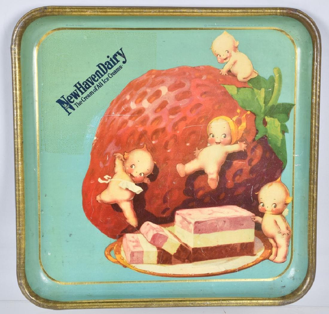 NEW HAVEN DAIRY ICE CREAM TRAY w/ CUPIE DOLLS: Great advertising tray for Ice Cream. Has colorful graphics of Cupie Dolls with Strawberry and Ice Cream. Has light wear. 13" Very Good-Excellent