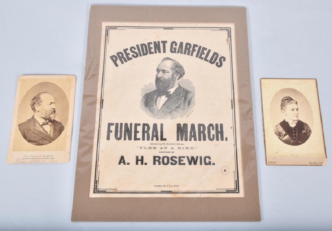 PRESIDENT GARFIELD CABINET PHOTOS, & SHEET MUSIC: Lot includes cabinet 6 1/4" by 4" cabinet photos of President and Mrs Garfield, along with President Garfield's Funeral March dated 1881. At the bottom of the Garfield image is written in pencil died 