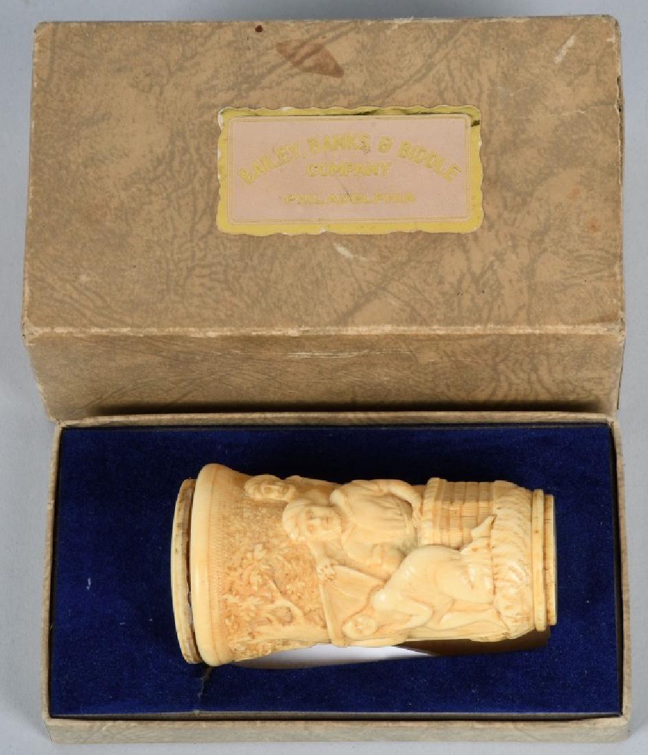 CARVED BONE SUSANNAH & ELDERS CANE HANDLE: RARE carved bone cane handle with scene from Susannah and the Elders. Outside shows elders watching a partial clothed Susannah. The you can unscrew the cane handle and inside the cane has carving of E