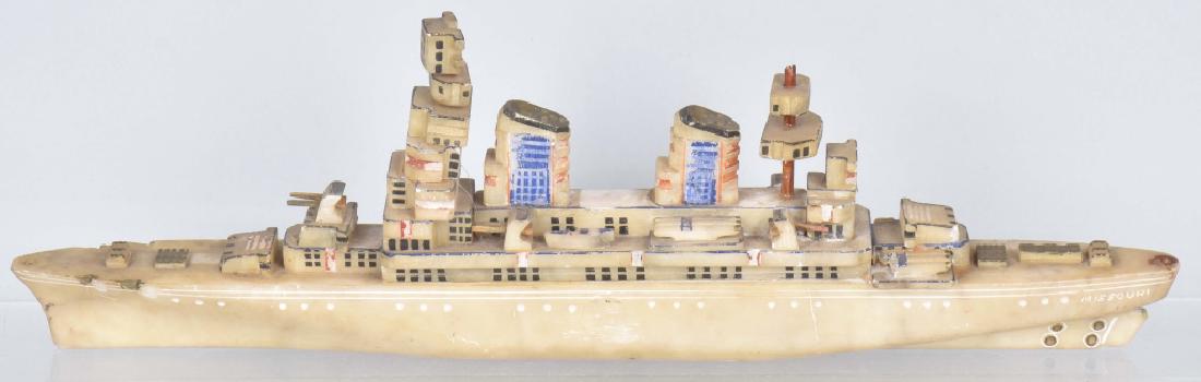 WW2 TRENCH ART BATTLESHIP MISSOURI CARVED STONE: Wonderful WW2 Trench Art of Folk Art Battleship Missouri. All hand carved in stone. Well done with a folk art quality. Obviously done by Soldier of the time period. Piece is all original. Shows some w