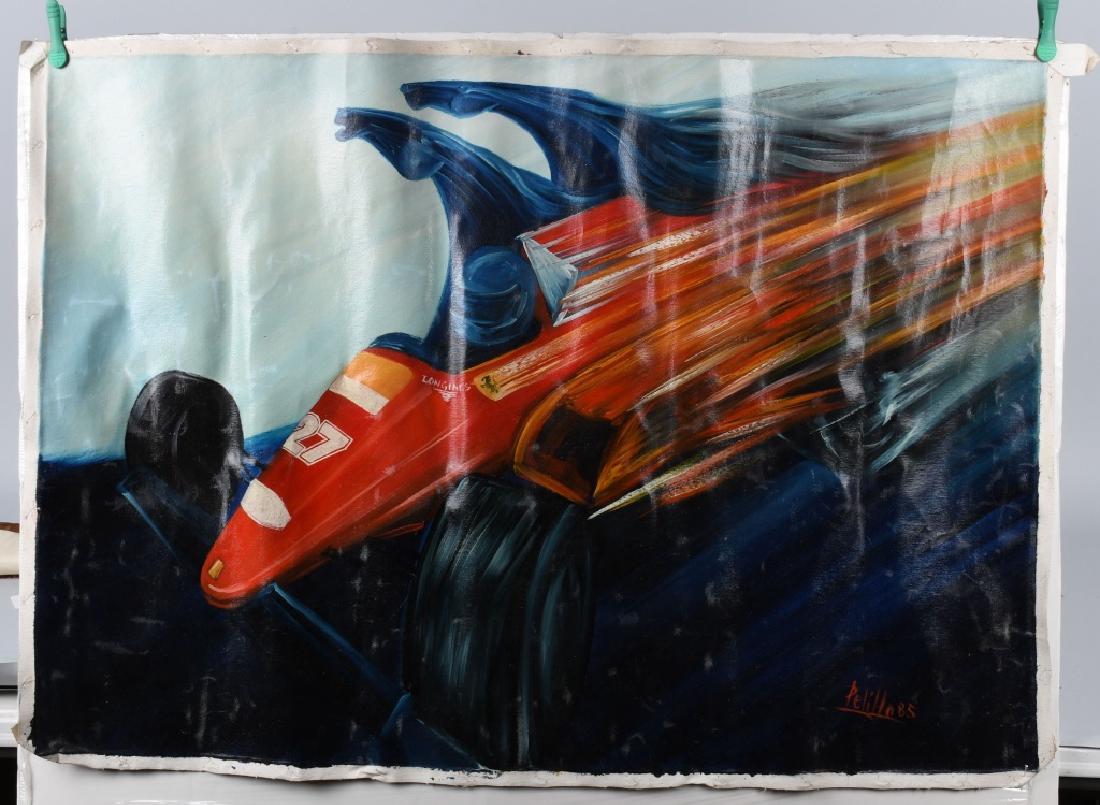 PELILLO FERRARI ROSSI RACE CAR OIL PAINTING: Original Pelillo Ferrari Rossi 27 oil painting. Dated 1895. Wonderful colors and sense of movement. Comes canvas only not framed. 40"x28"