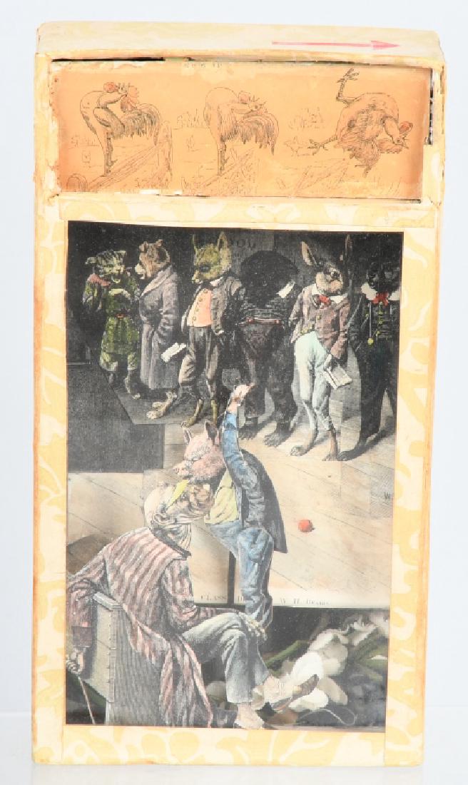 EARLY PIG ACROBAT GRAVITY TOY w/ ANIMALS: Wonderful early gravity toy. Has pig is suit swinging around and being controlled by a monkey. Other animals in fancy dress look on. Works. 9" Excellent