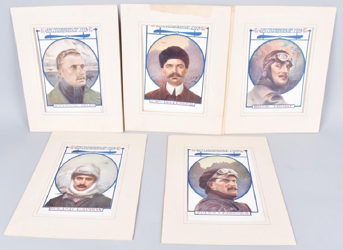 5- LES CHAMPIONS DE 1911 AIRPLANE PILOTS: Set of 5 prints Les Champions De 1911 Airplane Pilots. Supplement De La Vie Au Grand Air 1911. 18"x15" Excellent