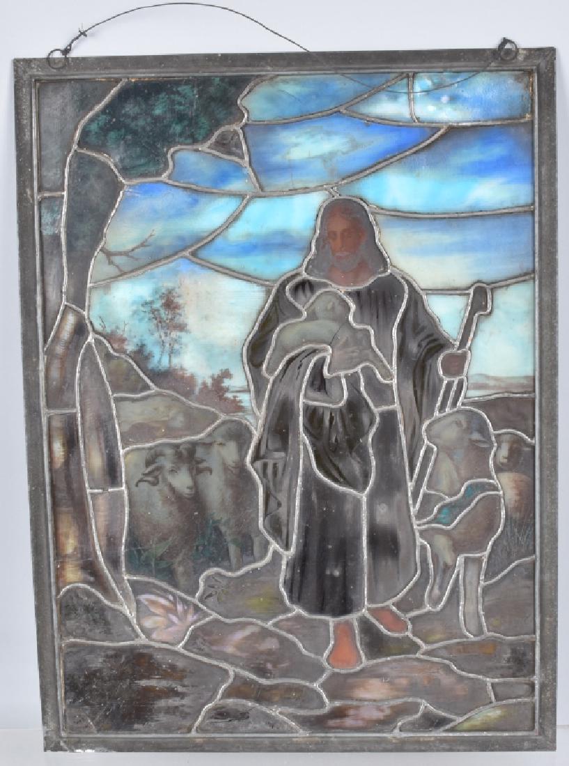 LEADED STAINED GLASS PANEL w/ JESUS & SHEEP: Wonderful vintage leaded stained glass panel with Jesus and Lamb. Great colors and image. A few glass panels have cracks. 21 1/2" x 16" Excellent
