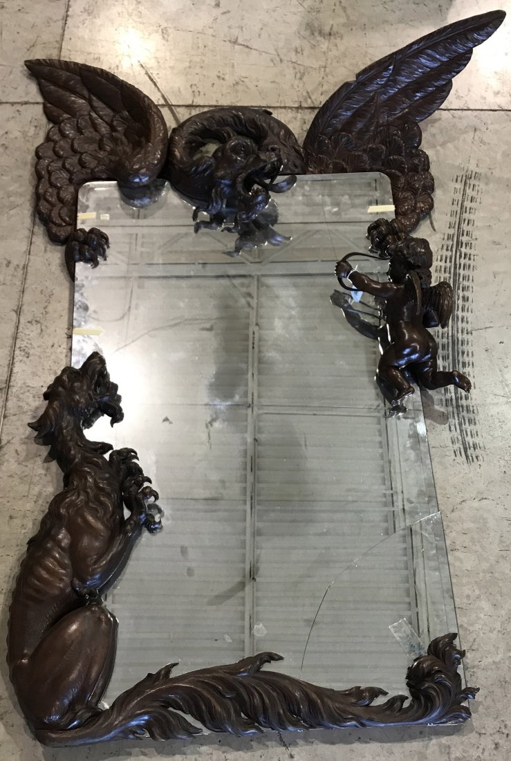 WONDERFUL HAND CARVED MIRROR w/ DRAGONS & CHERUB: Very beautiful mirror with wood carved wings, cherub, and dragons. Mirror has Dragon on the left side and Cherub on the right. Top is another Dragon and Wings. very well carved. Beautiful piece. Looks