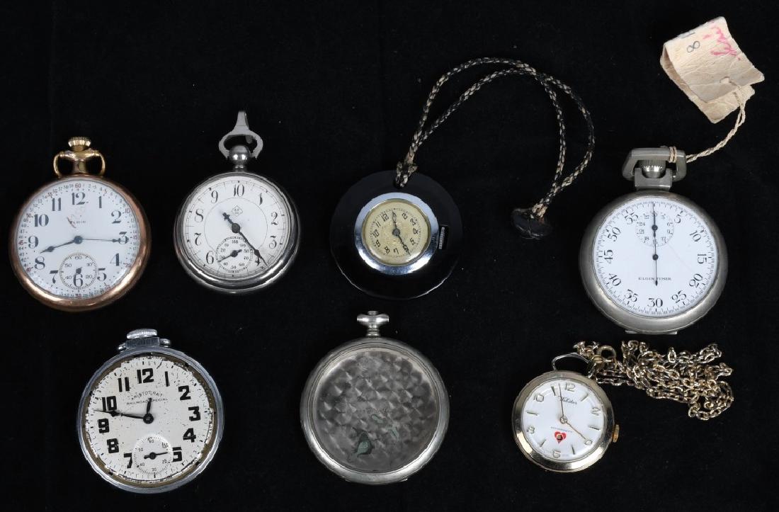LOT OF VINTAGE POCKET WATCHES: Nice lot of vintage Pocket watches and Parts. Includes Elgin Timer, Webster, AP, and More. Plus on empty case with engraved race car scene. Very Good-Excellent