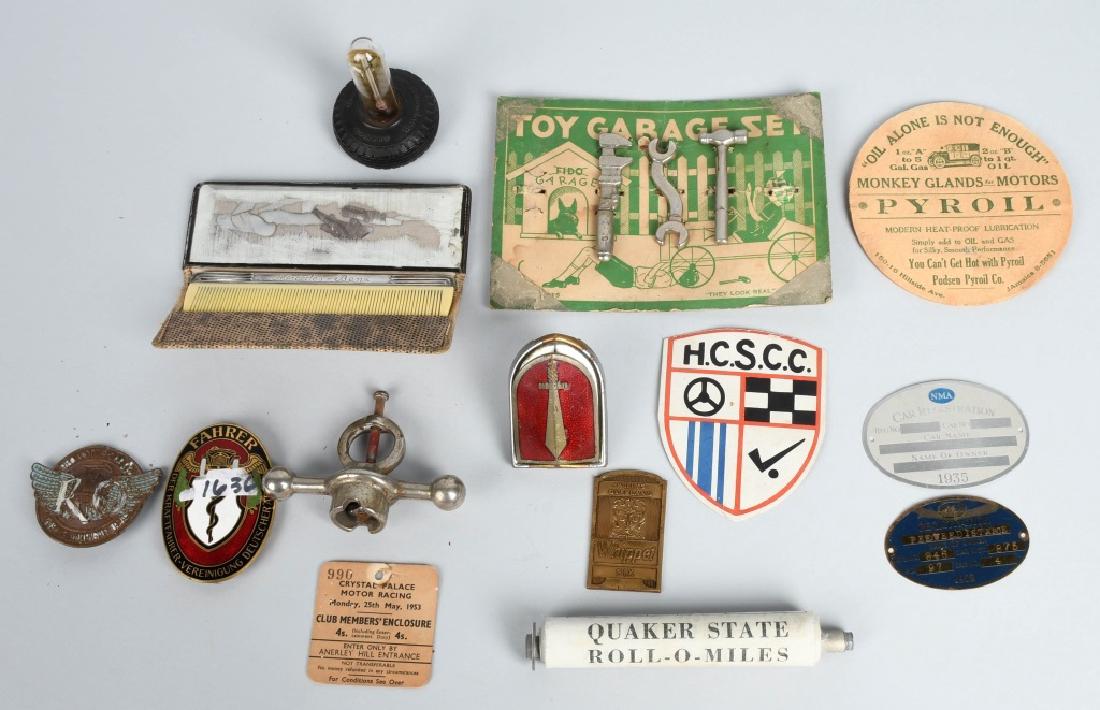 LOT OF VINTAGE AUTOMOTIvE ITEMS: Includes Mercedes Benz Comb, Tire Thermometer, Club Badges, Childs Tool Kit, and More. Excellent