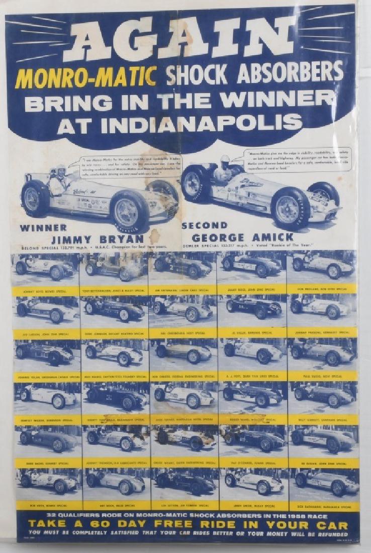 VINTAGE INDY 500 MONRO-MATIC ADVERTISING POSTER: Excellent vintage Indy 500 Race Car advertising poster for Monro-Matic Shock Absorbers. Poster has light wear. 34"x22" Very Good