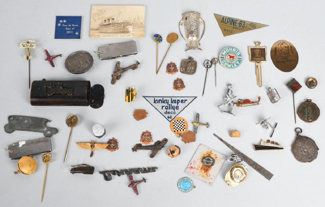 LOT OF VINTAGE PINS, CHARMS, STICK PINS, & MORE: Great lot of Stick Pins, Charms, Pocket Knife, Cigarette Case, Pocket Mirror, and More