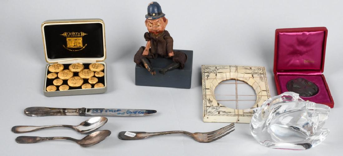 LOT OF VINTAGE ITEMS: Includes Bone Frame, Keystone Cop, Buttons, Silverware off the Concord, and More