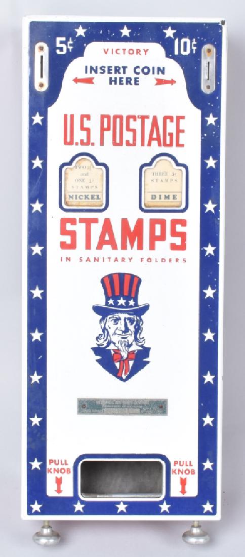 5 & 10 CENT UNCLE SAM PORCELAIN STAMP VENDOR: 19 1/2" by 8", beautiful porcelain front. Made by Automatic Dispenser Co, Los Angeles, California. Minor loss, Excellent