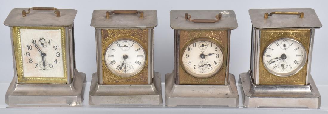 4-GERMAN MUSIC BOX CARRIAGE CLOCKS: 6" high by 4", case are nickel plated. Music boxes worked when tested. One clock did not wind and was missing side glass. Very Good
