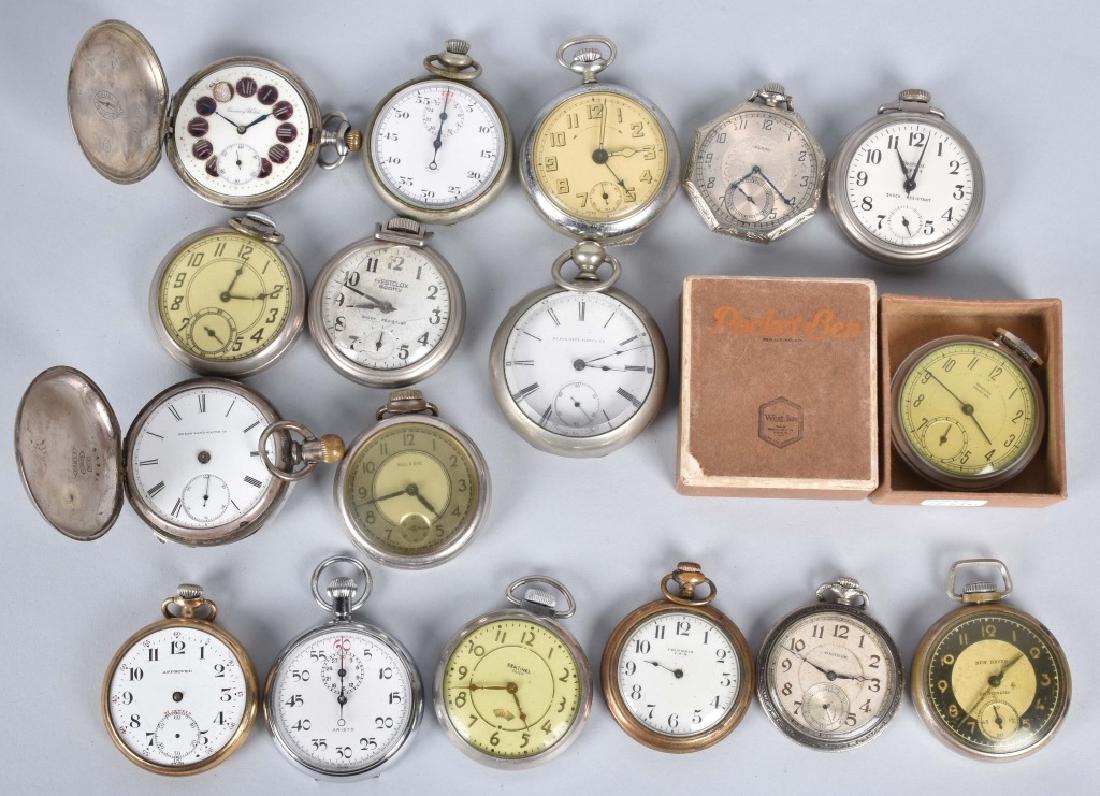 15-VINTAGE POCKET WATCHES: Nice grouping with Elgin, Columbia, Waltham and more. There is a key wind, and some silver cases. Also included are 2 stop watches. Condition varies. Good-Very Good