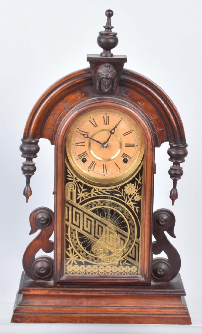VICTORIAN KITCHEN SHELF CLOCK: 24" by 13", nice looking clock that worked when it was tested. Very Good