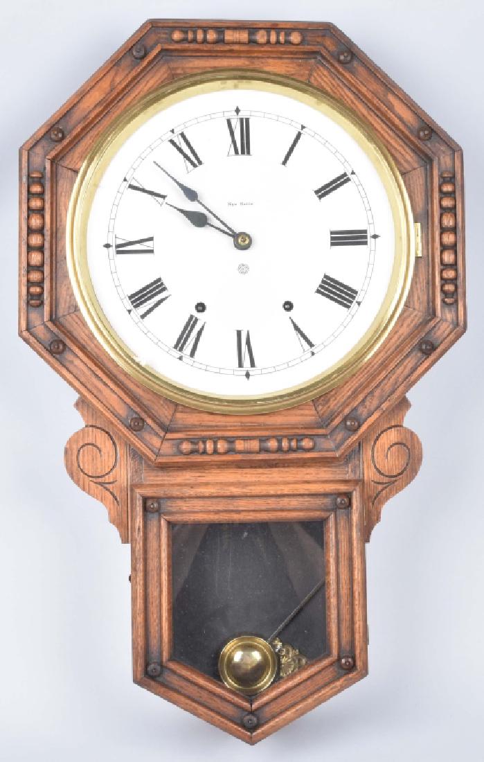 NEW HAVEN OAK WALL CLOCK VINTAGE: 27" by 16", nice looking vintage clock, untested. Very Good-Excellent