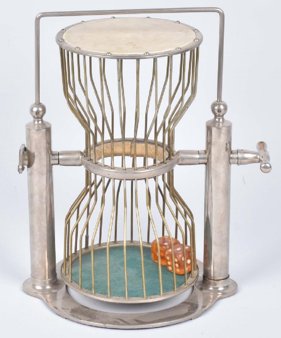 CHUCK-A-LUCK DICE GAME, FOR RENT, VINTAGE: About 16" high, reported to have been used in Atlantic City in the 1920's. This one is interesting as it has a brass tag that states "For Rent, call J.R. Penn, HI-2 0566. Nickel plated with glass dice