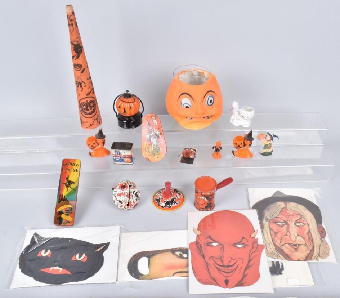 VINTAGE HALLOWEEN LOT: Great vintage lot with tin noisemakers, a Jack-O-Lantern, toys, decorations and more. Condition varies. Most Very Good