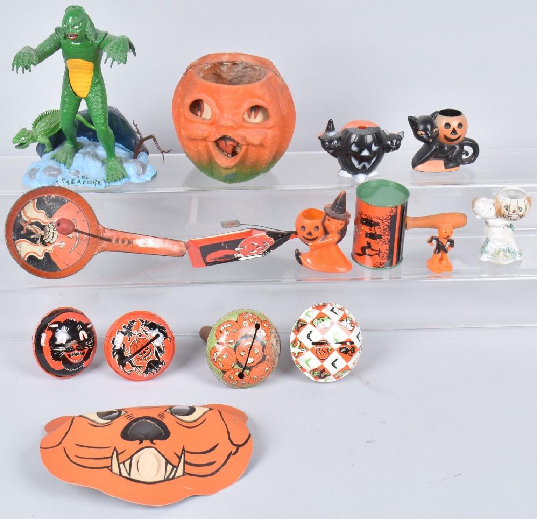 VINTAGE HALLOWEEN LOT: Great vintage lot with tin noisemakers, a Jack-O-Lantern, a1963 Aurora Creature Model kit, decorations and more. Condition varies. Most Very Good