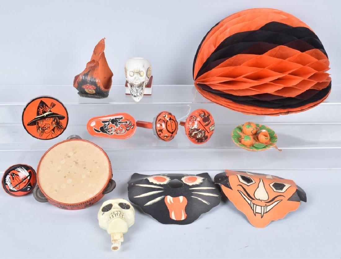 VINTAGE HALLOWEEN LOT: Great vintage lot with tin noisemakers, paper masks, decorations and more. Condition varies. Most Very Good
