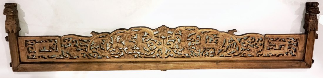 ORNATE WOOD CARVED CHINESE DOOR HEADER: Ornate wood carved Chinese Door Header. Very ornate delicate carving. Carving show several Chinese Figures in period dress. Very nice original condition.