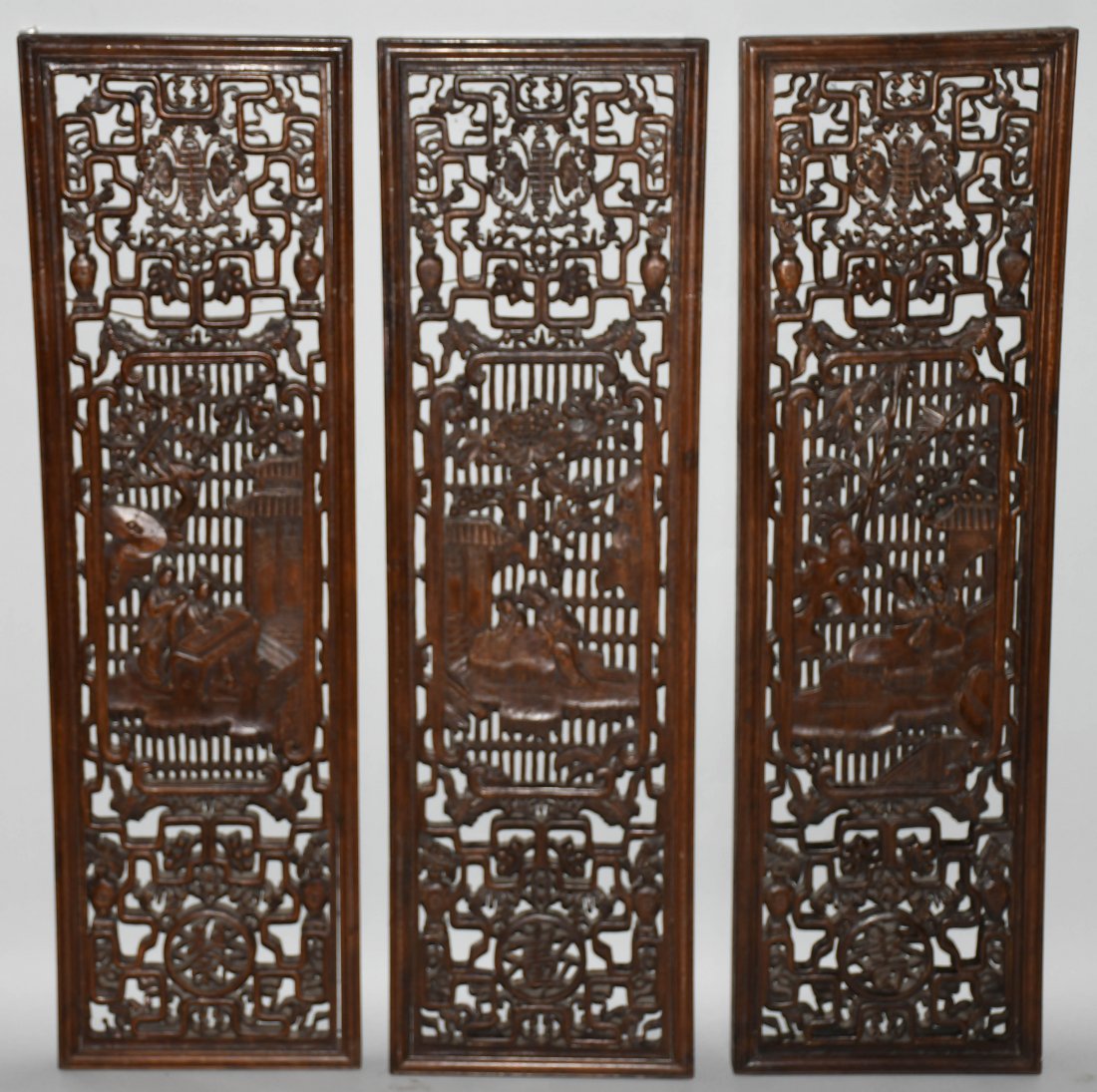 Set of 3 VINTAGE CHINESE WOOD CARVED WALL PANELS