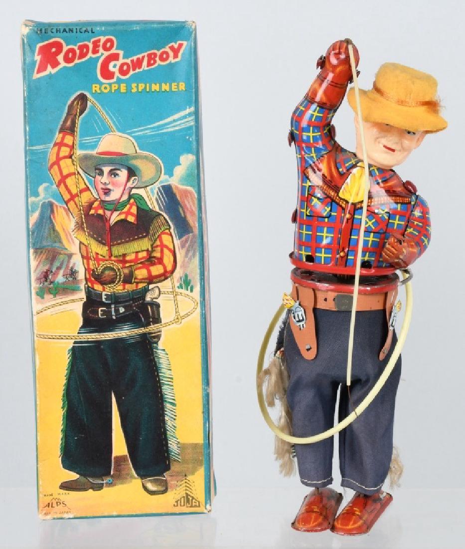 JAPAN Tin & Celluloid Windup RODEO COWBOY w/ BOX (1 of 8)