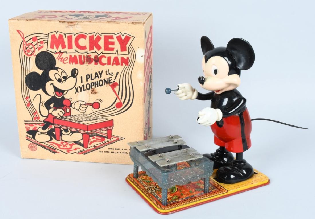 MARX Windup MICKEY MOUSE MUSCIAN w/ BOX: Large version Mickey Mouse Xylophone Player. All original with nice colors. Windup works. Missing one baton. With Box. 12" Excellent