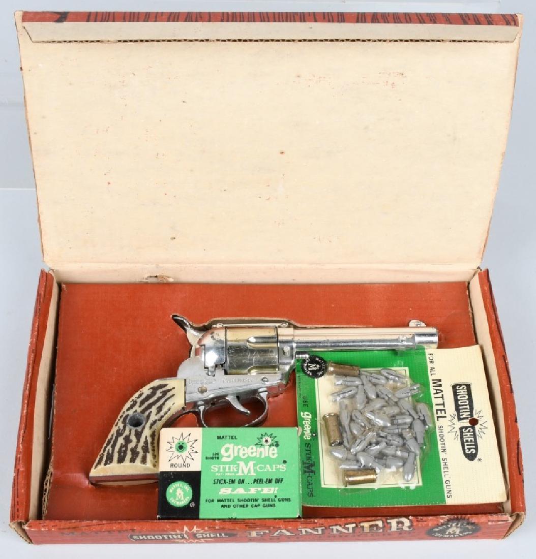 1958 MATTEL FANNER CAP PISTOL BOXED: Nice 8 3/4"working cap pistol in the original box. Includes a package Mattel Shoot'n Shells, and a box of Greenie Stick-M-Caps. Very Good-Excellent