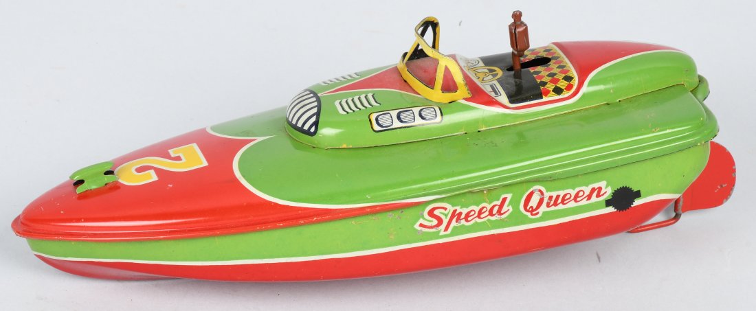 SPEED QUEEN CRANK WINDUP TIN BOAT: Appears to be a Japan manufactured boat, but is marked Quik Company Westmunster Maryland, USA. Worked well when tested. 10\", Excellent