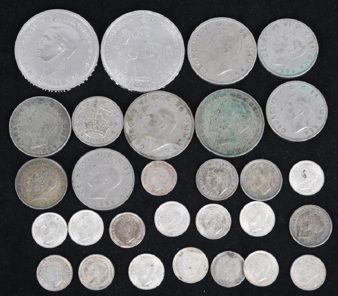 LOT OF 1920-1951 ENGLISH COINS: Collection of 1920-1951 English Coins. Includes Five Shillings, 2 Shillings, 3 Pence, 6 Pence, 1 Shilling, Half Crowns, and More. Some coins are silver. 29 Coins Total.