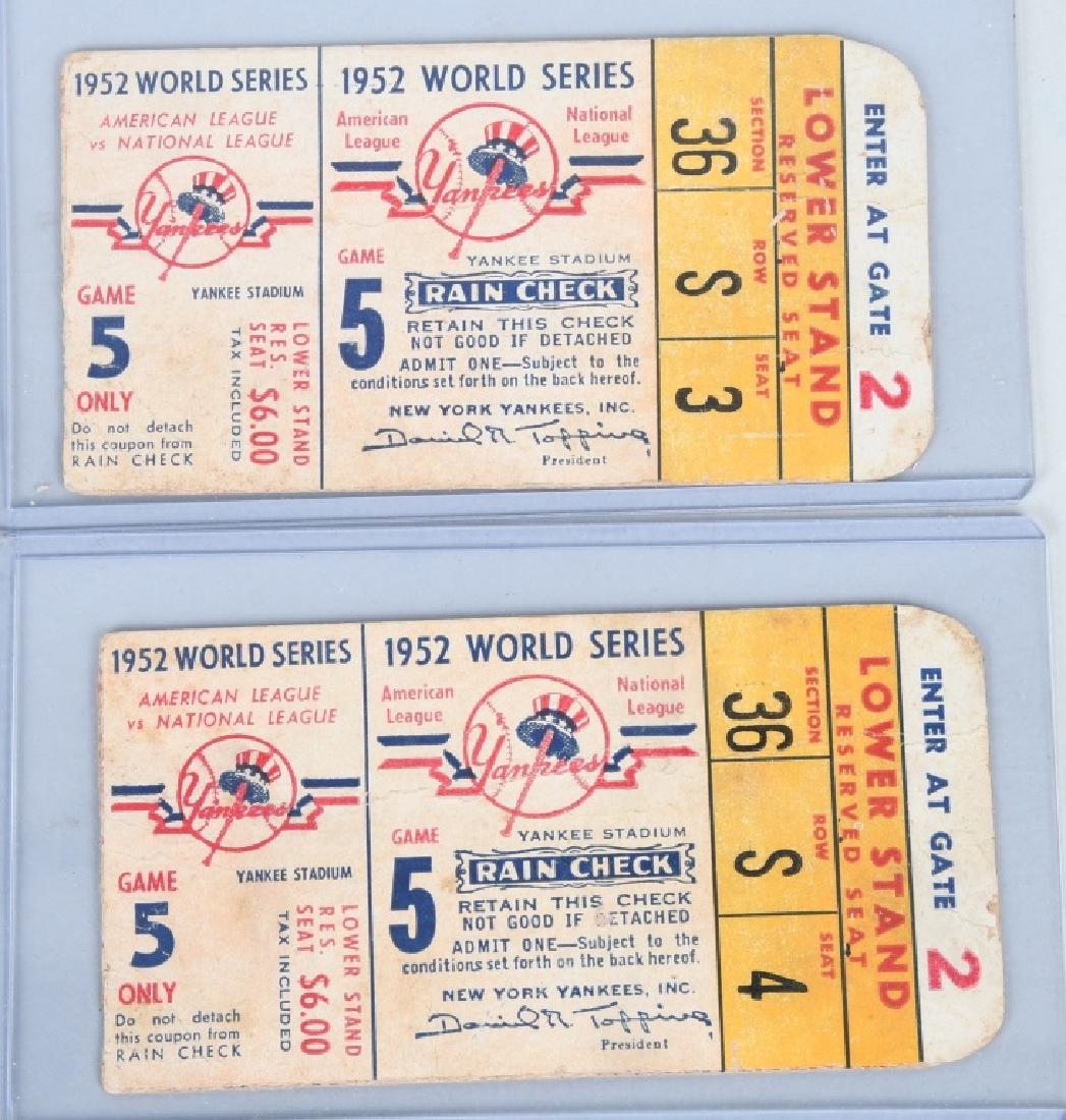 2-1952 WORLD SERIES, YANKEES / DODGER GM#5 STUBS: These are 1952 World Series ticket stubs for Game #5. In this game the Brooklyn Dodgers beat the Yankees 6-5. Very Good