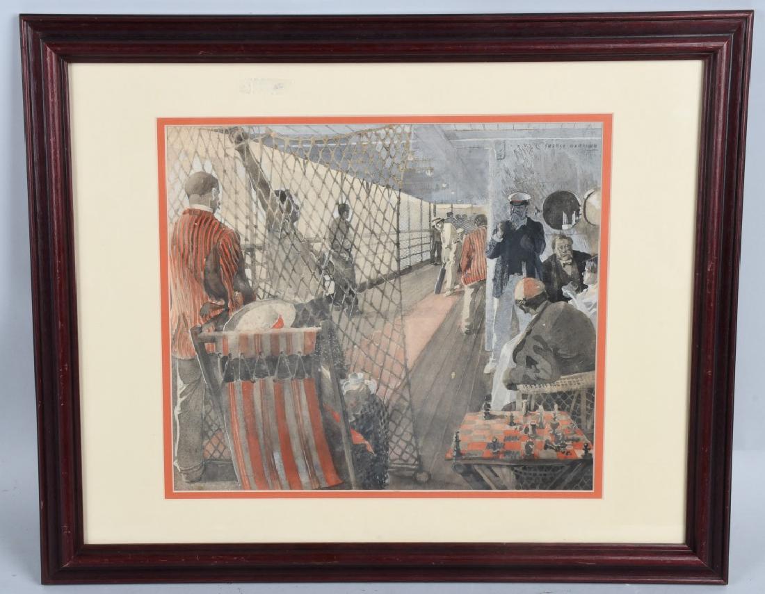 DECK CRICKET WATER COLOR att GEORGE HARDING: Deck Cricket water color. Signed George Harding top right. Attributed to George Harding. 22"x18" framed