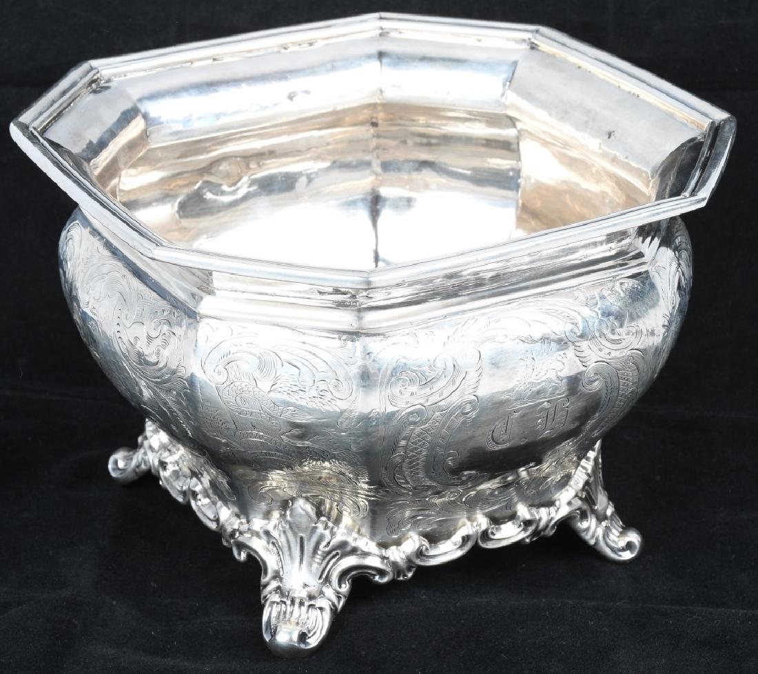 1848 GALE & HAYDEN SILVER WILD LIFE OCTAGONAL BOWL: Circa 1848 Gale & Hayden Silver Wild Life Octagonal Footed Bowl. Gale & Hayden was out of South Carolina 1945-1850. Examples of their work is in many Museums. This RARE Bowl has the Wild Life pattern.