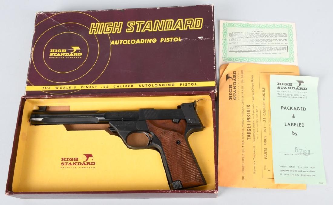 HIGH STANDARD MILITARY 107 .22LR PISTOL, BOXED: SN 2180201, .Supermatic Citation pistol MFG 1968-1972, 22 caliber LR, 7 1/4" fluted barrel with excellent bore. 96% blue finish with some light handling marks. Good action. Excellent checkered wood gr