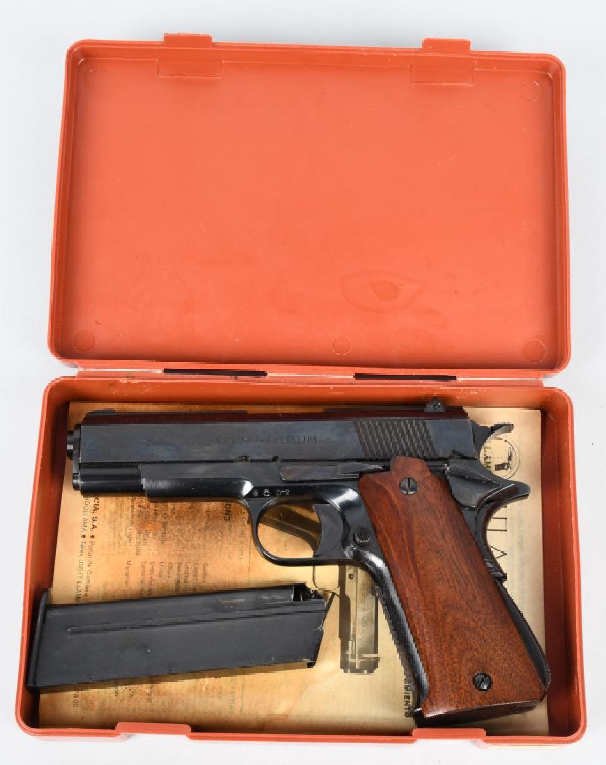 LLAMA 9mm PARABELLUM PISTOL , BOXED: SN 452287, 9mm caliber, 4 1/2" barrel with bright excellent bore. 95% blue finish with some spots of light freckling. Tight action and excellent wood grips. Includes original hard case and paper work.