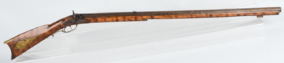 1850'S PENNSYLVANIA .50 PERCUSSION RIFLE, KLINGER: Interesting full stock rifle that is about .50 caliber. The lock is marked Pennsylvania Rifle Works, and the top barrel flat has the name D. Klinger etched. The rifle has double set triggers and the h