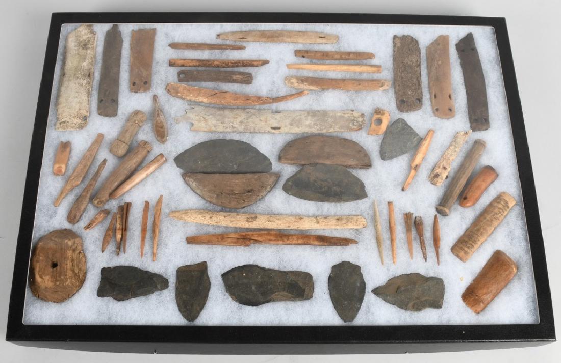 PREHISTORIC ESKIMO GROUPING, 1000-500 AD, ALASKA: Exrtemely rare grouping of eskimo artifacts dating to 1000 BC-500 AD. Groupng includes body armor, harpoon & spears heads, awls, ulus's and more from St. Lawrence Island Alaska. Very Good