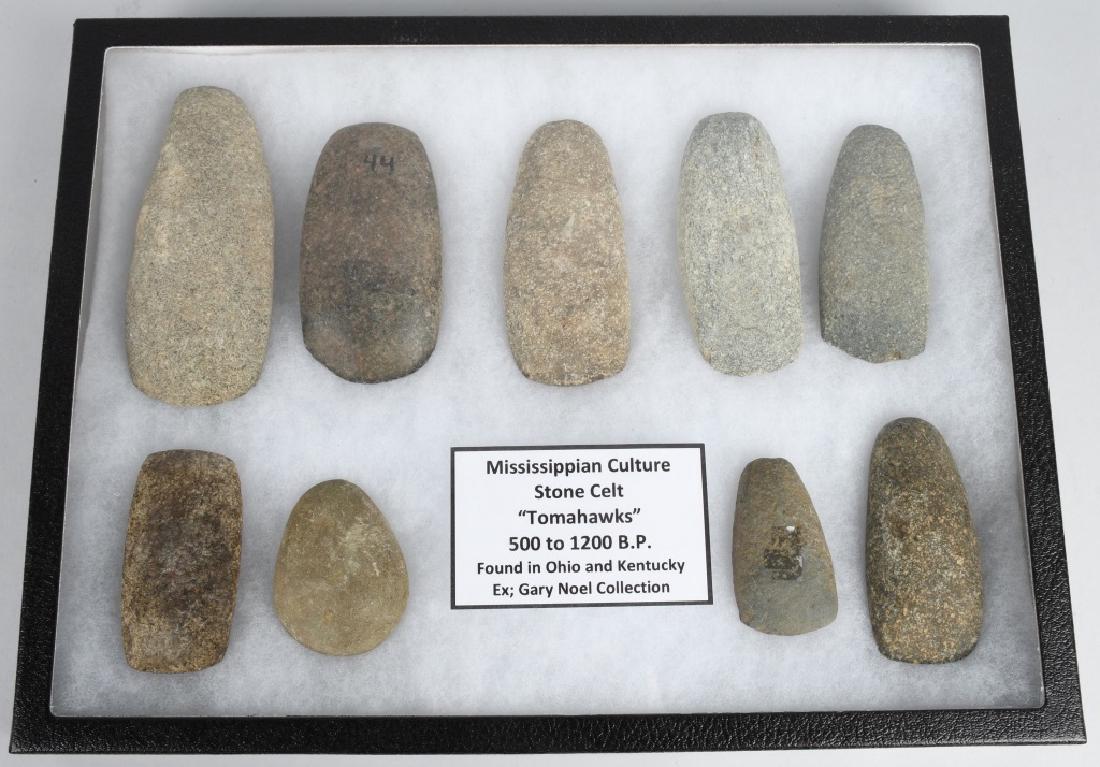 9-NATIVE AMERICAN STONE CELTS, OHIO & KENT.: Nice collection of stone celts recovered in Ohio and Kentucky. Largest is 5 1/4". Provenance ex-collection Gary Nowl. Very Good