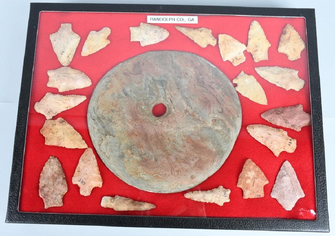 NATIVE AMERICAN ARTIFACTS, RANDOLPH CO, GEORGIA: Nice grouping with 20 projectile points, the largest of which is about 2 3/4". Also included is a large net weight that is about 8" diameter. These artifacts were recovered in Randolph Co. Georgia. Ve