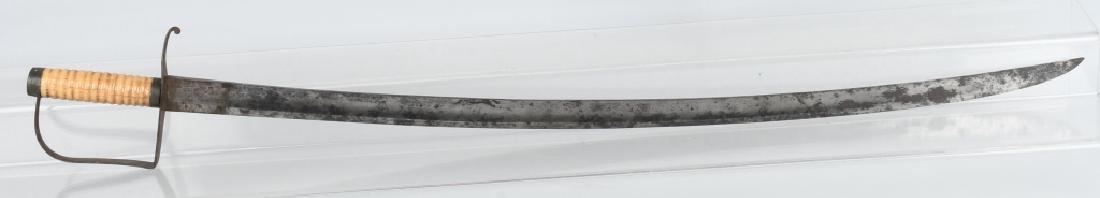 18th CENTURY CAVALRY SWORD etched "LIGHT HORSE": Revolutionary war era sword measuring 38 1/8" overall with a 33 1/4" blade that is 1 1/16" wide. On one side of the blade is inscribed "Light Horse". 2 1/4" before that is a word that is indiscernible